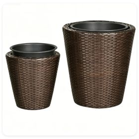2-Piece PP Rattan Planter Set, 15 & 12 Tapered Square Flower Pots with Built-in Inner Pots & Drainage Holes for Indoor Outdoor Patio Garden (Option: Default Title)
