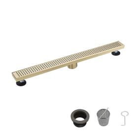 30 Inch Linear Shower Drain with Removable Square Patterned Grate, 304 Stainless Steel with Hair Strainer and Leveling Feet, Brushed Gold (Option: Default Title)