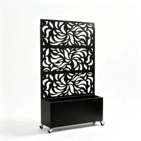70.87" H 46.06" W Leaf Pattern Privacy Screen with Planter Box, Black Metal Freestanding Decorative Fence Planter for Patio Balcony Backyard (Option: Default Title)