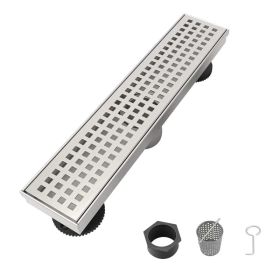 12 Inch Linear Shower Drain with Removable Square Patterned Grate, 304 Stainless Steel with Hair Strainer and Leveling Feet, Brushed Nickel (Option: Default Title)
