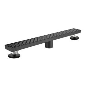 24 Inch Linear Shower Drain with Removable Square Patterned Grate, 304 Stainless Steel with Hair Strainer and Leveling Feet, Matte Black (Option: Default Title)