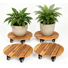 Set of 4 Natural Finish Wooden Plant Pot Mover, Portable Round Plant Stand with 4 Wheels, Sturdy Planter Caddy for Patio Garden Home Decor (Option: Default Title)