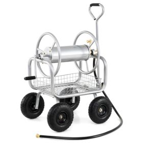 Heavy Duty Garden Hose Reel Cart with 10" Pneumatic Wheels, Large Capacity Hose Winder with Storage Basket & Brass Fittings -Silver (Option: Default Title)