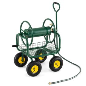 Heavy Duty Garden Hose Reel Cart with 10" Pneumatic Wheels, Large Capacity Hose Winder with Storage Basket & Brass Fittings -Green (Option: Default Title)