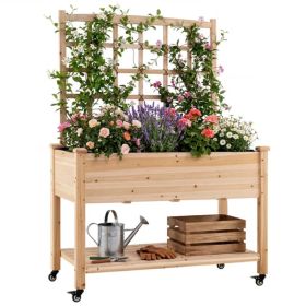 47" Raised Garden Bed with Trellis & Rolling Wheels, Mobile Fir Wood Planter Box for Climbing Plants (Option: Default Title)